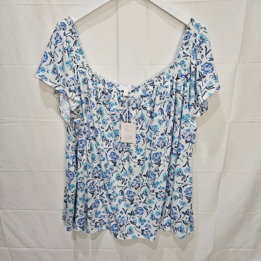 LC Lauren Conrad Floral Flowy White Blue Blouse 4X